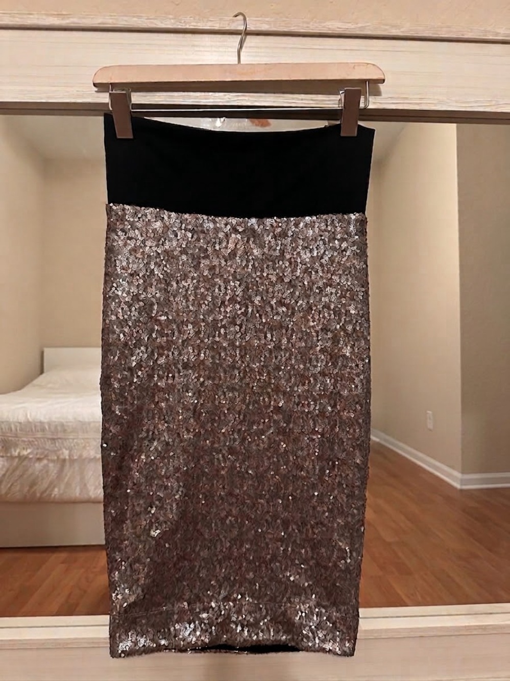 bebe Silver Sequin Pencil Skirt with Black Waistband